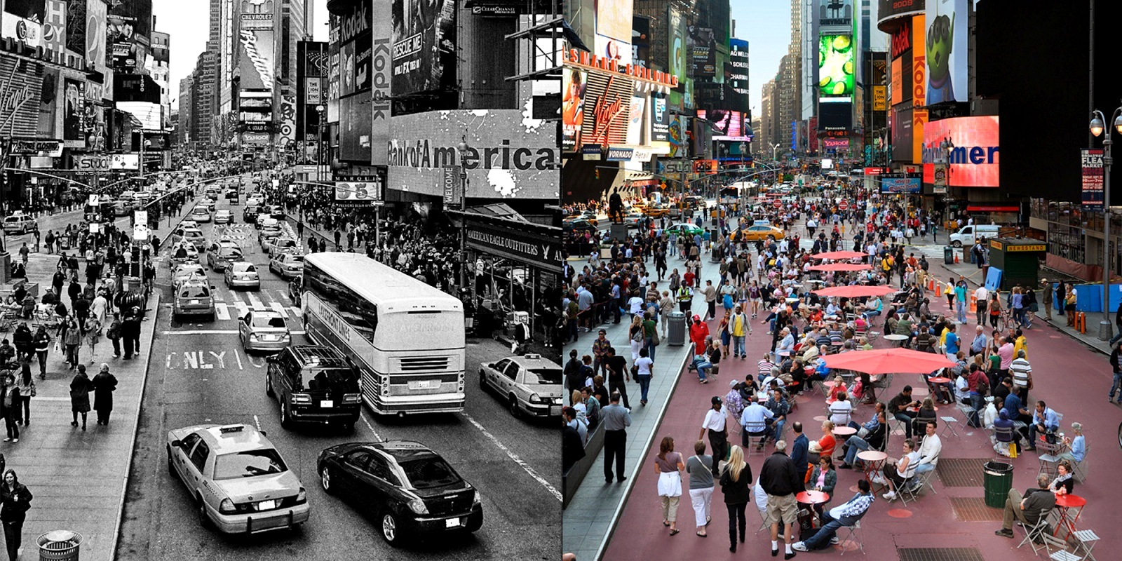 Uno de los ejemplos más emblemáticos de urbanismo táctico en el mundo es el de Times Square, en Nueva York. En una noche de 2009 se incorporaron jardineras, silletería de fácil instalación y se cerró completamente el tráfico vehicular. Ahora los peatones disfrutan de un espacio público regenerado. Foto: paisajetransversal.org