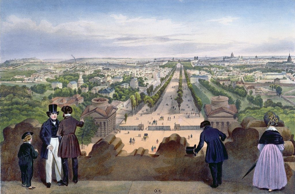 En 1834, el arquitecto Mariano Ruiz de Chávez recibió el encargo de rediseñar la Place de la Concorde y los jardines de los Campos Elíseos. Mantuvo los jardines formales y los parterres esencialmente intactos, pero convirtió el jardín en una especie de parque de atracciones al aire libre. Litografía de Félix Benoist,1850