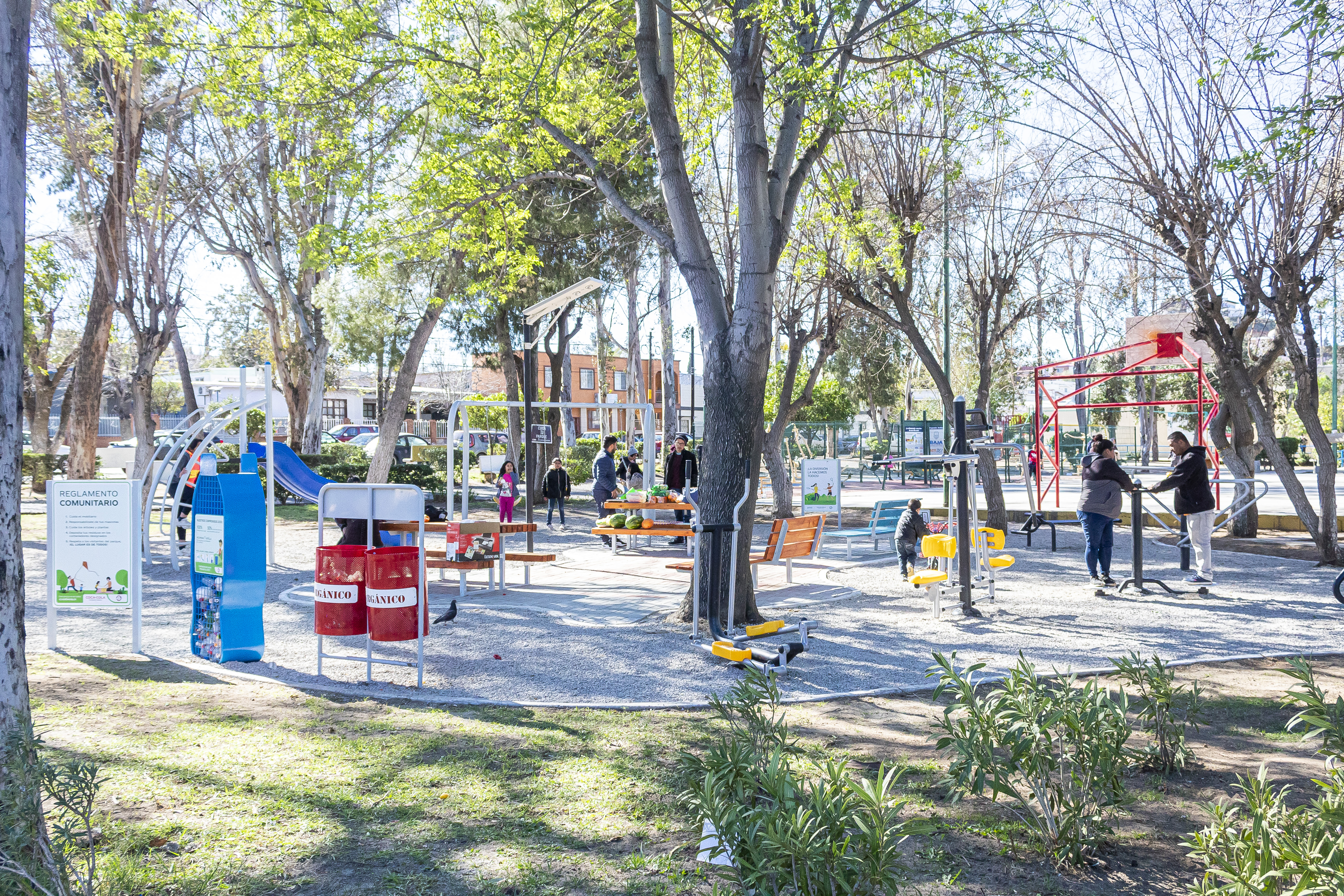 En el parque Margarita Maza de Juárez en Tecate, se logró hacer una reactivación con gran participación, lo que permitió instalar diferentes mobiliarios, entre ellos, botes de basura en algunos puntos del parque.